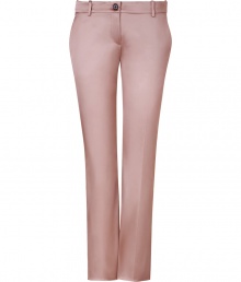 Stylish pants in fine blush pink acetate and nylon stretch blend - Elegant, satin-like sheen - Modern silhouette: low-waisted, slim fit, cropped at the ankle - Chic crease detail at front, belt loops, double welt pockets at back - A versatile and polished pant that easily goes from day to night - Ideal for the office, cocktails and evening events - Pair with a silk blouse or paillette top and cropped leather jacket - Style with ankle booties or platform heels