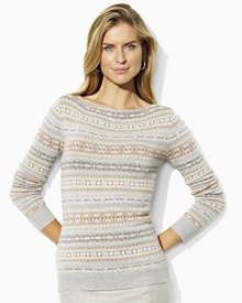 A heritage Fair Isle pattern is elegantly updated with shimmering metallic threads, creating a chic, modern look on the Elyanna boatneck sweater. A heritage Fair Isle pattern is elegantly updated with shimmering metallic threads, creating a chic, modern look on the Elyanna boatneck sweater.
