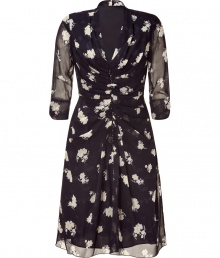 Luxe dress in fine black-patterned silk features a beautiful floral print on the light, flowing fabric - Feminine silhouette with v-neckline and draped front - Fashionable 3/4-length sleeves - Slightly flared skirt for a pleasant thigh length that is perfect for the office or evening events - Pair with peep-toe pumps and sandals Luxe dress in fine black-patterned silk features a beautiful floral print on the light, flowing fabric - Feminine silhouette with v-neckline and draped front - Fashionable 3/4-length sleeves - Slightly flared skirt for a pleasant thigh length that is perfect for the office or evening events - Pair with peep-toe pumps and sandals