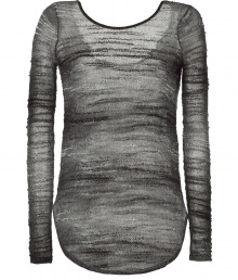 The classic sweater gets a modern revamp with this sheer asymmetrical take from Helmut Lang - Round neck, long sleeves, scoop back, semi-sheer, asymmetrical curved hem - Style with skinny jeans, a solid tank, and ballet flats