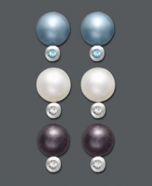 Pick and choose from three pairs of elegant pearl earrings. Fresh by Honora stud set features blue, white, and eggplant-colored cultured freshwater pearls (7-1/2-8 mm) with bezel-set blue and white topaz accents. Set in sterling silver. Pick and choose from three pairs of elegant pearl earrings. Fresh by Honora stud set features blue, white, and eggplant-colored cultured freshwater pearls (7-1/2-8 mm) with bezel-set blue and white topaz accents. Set in sterling silver.