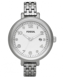 A classic silhouette gets a feminine makeover with a slim bracelet and oversized dial on this Bridgette collection watch by Fossil.