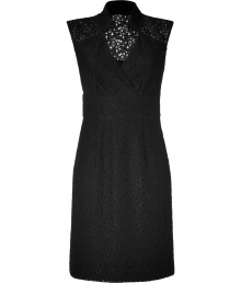 Elegant dress from a black cotton-nylon mix - Fully lined, floral, transparent lace - Transparent at shoulders and back - Cut with high collar, V-neck and sleeveless - Wide belt accentuates waist, creating feminine silhouette - For the office, pair with a blazer and heels or peep toes and a cardigan