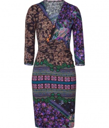 Elevate your office-ready style in this ultra-chic printed jersey dress from Etro - V-neck with faux-wrap draping detail, three-quarter length sleeves, fitted silhouette, all-over print, pull-over style - Style with peep-toe heels and a statement satchel