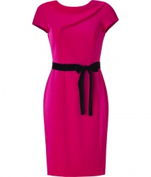 Take notes from the First Lady herself in Paule Kas seriously stylish fuchsia satin and crepe sheath dress, pulled together with a rich black velvet sash for exquisite results tailored to your most elegant events - Rounded neckline, cap sleeves, diagonal drape across the top, satin side panels, black velvet self-tie sash, side belt loops, V-back with hidden zipper closure - Softly tailored fit, knee-length - Team with a dusting of fine jewelry and statement heels Take notes from the First Lady herself in Paule Kas seriously stylish fuchsia satin and crepe sheath dress, pulled together with a rich black velvet sash for exquisite results tailored to your most elegant events - Rounded neckline, cap sleeves, diagonal drape across the top, satin side panels, black velvet self-tie sash, side belt loops, V-back with hidden zipper closure - Softly tailored fit, knee-length - Team with a dusting of fine jewelry and statement heels
