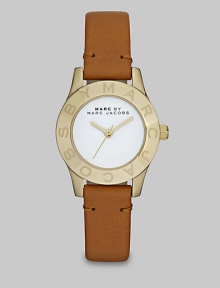 Simply chic timepiece with a luxuriously supple leather strap. Quartz movementWater resistant to 5 ATMRound goldtone stainless steel case, 26mm (1)Logo etched bezelWhite enamel dialSecond hand Tan leather strapImported Simply chic timepiece with a luxuriously supple leather strap. Quartz movementWater resistant to 5 ATMRound goldtone stainless steel case, 26mm (1)Logo etched bezelWhite enamel dialSecond hand Tan leather strapImported