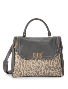 THE LOOKSingle tubular leather top handle with whipstitchingRemovable flat leather shoulder strapRoomy rectangular shapeLeather flap and side zip panelsLeopard-print suede front and back panelsTurnlock closureBack logo foil printOne outside open pocketOne inside zip pocketTwo inside open pocketsInside key clipInside logo detailTHE MEASUREMENTTop handle, 5 dropShoulder strap THE LOOKSingle tubular leather top handle with whipstitchingRemovable flat leather shoulder strapRoomy rectangular shapeLeather flap and side zip panelsLeopard-print suede front and back panelsTurnlock closureBack logo foil printOne outside open pocketOne inside zip pocketTwo inside open pocketsInside key clipInside logo detailTHE MEASUREMENTTop handle, 5 dropShoulder strap