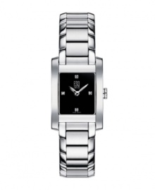 Clean lines and gleaming stainless steel make a modern, elegant statement. This watch by ESQ by Movado features a black dial, 4 diamond accent markers and Swiss quartz movement. Water resistant up to 30 meters. Two-year limited warranty.