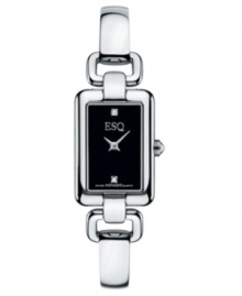 Utterly beautiful design by ESQ by Movado. Stainless steel bracelet and rectangular case. Black dial with silvertone logo at diamond accents at six o'clock and twelve o'clock. Quartz movement. Water resistant to 30 meters. Two-year limited warranty.