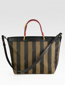 A structured design in striped canvas with contrast leather trim.Double leather top handles, 5¼ dropDetachable shoulder strap, 14½ dropTop zip closureTwo inside open pocketsLinen lining16¼W X 11H X 5¼DMade in Italy A structured design in striped canvas with contrast leather trim.Double leather top handles, 5¼ dropDetachable shoulder strap, 14½ dropTop zip closureTwo inside open pocketsLinen lining16¼W X 11H X 5¼DMade in Italy