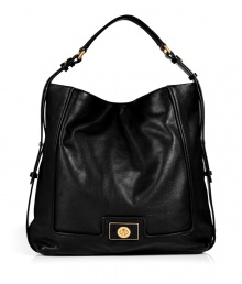 Detailed with a logo-engraved turnlock closure, Marc by Marc Jacobs black leather hobo lends just the right dose of ladylike to your look - Front turnlock hardware, single hobo strap, inside zippered back wall pocket, 2 front wall slot pockets - Sling over your shoulder for work, school, or weekend shopping trips Detailed with a logo-engraved turnlock closure, Marc by Marc Jacobs black leather hobo lends just the right dose of ladylike to your look - Front turnlock hardware, single hobo strap, inside zippered back wall pocket, 2 front wall slot pockets - Sling over your shoulder for work, school, or weekend shopping trips