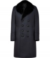 Opulent without being over-the-top, Burberry Londons fur detailed wool coat is a luxurious investment guaranteed to upgrade your elegant outerwear wardrobe - Notched lapel, removable black rabbit fur collar, long sleeves, buttoned cuffs, double-breasted button-down front, buttoned back sash, buttoned back vent - Contemporary straight fit, hits mid-thigh - Wear with chic tailored trousers and flawless leather footwear