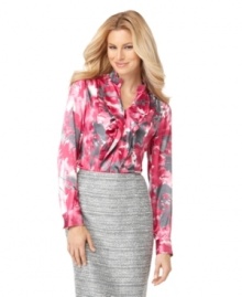 Add a punchy pop of color to slim skirts with this blouse from Jones New York! It features a mottled floral print and a soft satin finish for a feminine touch.