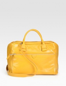 A bold leather style in a simply chic design with a versatile detachable strap.Double top handles, 5 dropDetachable shoulder strap, 20½ dropTop zip closureProtective metal feetOne outside zip pocketOne inside zip pocketTwo inside open pocketsCotton lining14W X 10H X 8½DImported A bold leather style in a simply chic design with a versatile detachable strap.Double top handles, 5 dropDetachable shoulder strap, 20½ dropTop zip closureProtective metal feetOne outside zip pocketOne inside zip pocketTwo inside open pocketsCotton lining14W X 10H X 8½DImported