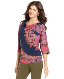 A bright paisley-inspired print enlivens this Jones New York Signature top. Perk up casual days by pairing it with colored jeans!