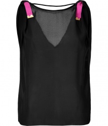 Stylish, sleeveless top in black silk - Transparent, loose comfortable fit - Rounded hem is longer in back than front - Pink ribbon detail at shoulders add interest - Style with skinny jeans and flat sandals or with leather pants and stilettos for the evening