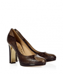 These classic pumps from Salvatore Ferragamo get a high style kick with luxe python and a metallic detailed heel - Round toe, front platform, chunky heel with gold-tone metallic trim - Style with skinny jeans, slim trousers, or a pencil skirt