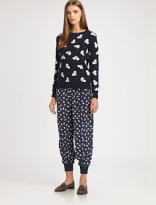 A playful, geometric dog print patterns this cropped, sporty silk style.Rib-knit waistband with beaded drawstring tieSide slash pocketsRib-knit cuffsInseam, about 27SilkDry cleanMade in Italy of imported fabricModel shown is 5'11 (180cm) wearing US size 4. A playful, geometric dog print patterns this cropped, sporty silk style.Rib-knit waistband with beaded drawstring tieSide slash pocketsRib-knit cuffsInseam, about 27SilkDry cleanMade in Italy of imported fabricModel shown is 5'11 (180cm) wearing US size 4.