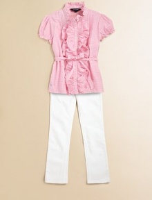 This precious gingham blouse is accented with sweet ruffles for girlish flair.Ruffled stand collarShort puffed sleeves with rufflesButton front with ruffle trimWaistband with tieCottonMachine washImported Please note: Number of buttons may vary depending on size ordered. 