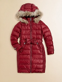 Winter warmth from her head to her knees, shaped for style as well as comfort, with a faux fur-trimmed hood and a pretty bow at the waist.Snap-off faux-trimmed hoodStand collarFront zip closeAttached elasticized belt with bowSnap tabs at cuffsAngled zip pocketsShimmery side panel insetsFully linedWhite goose down fillShell: NylonFill: Goose down cluster/white goose down feathersMachine washImported Winter warmth from her head to her knees, shaped for style as well as comfort, with a faux fur-trimmed hood and a pretty bow at the waist.Snap-off faux-trimmed hoodStand collarFront zip closeAttached elasticized belt with bowSnap tabs at cuffsAngled zip pocketsShimmery side panel insetsFully linedWhite goose down fillShell: NylonFill: Goose down cluster/white goose down feathersMachine washImported