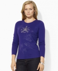 A heritage-inspired crest motif with glittering beads adorns the front of Lauren Ralph Lauren's essential crewneck tee in finely ribbed cotton jersey. A heritage-inspired crest motif with glittering beads adorns the front of Lauren Ralph Lauren's essential crewneck tee in finely ribbed cotton jersey.