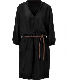 With its exquisitely soft Mulberry silk and rustic woven leather sash, Burberry Brits black dress is a cool way to dress up your daytime looks - V-neckline, bracelet-length sleeves with elasticized cuffs, braided leather front sash, elasticized waistline, side slit pockets - Loosely fitted - Wear with flats and a classic leather tote With its exquisitely soft Mulberry silk and rustic woven leather sash, Burberry Brits black dress is a cool way to dress up your daytime looks - V-neckline, bracelet-length sleeves with elasticized cuffs, braided leather front sash, elasticized waistline, side slit pockets - Loosely fitted - Wear with flats and a classic leather tote