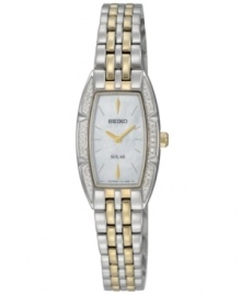 Powered by the sun, this Seiko watch shines its own light with glistening crystal accents and golden tones.