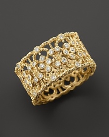 An ornate 18K gold band ring dotted with sparkling diamonds from the Laurel collection by Judith Ripka. An ornate 18K gold band ring dotted with sparkling diamonds from the Laurel collection by Judith Ripka.