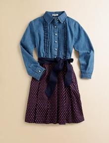 The timeless denim shirt with pintucking detail and a ruffled placket meets a colorful dot skirt for a fashion-forward ensemble.Shirt collarLong sleeves with button cuffsButton-frontBelted waistFull skirtCottonMachine washImported Please note: Number of buttons may vary depending on size ordered. The timeless denim shirt with pintucking detail and a ruffled placket meets a colorful dot skirt for a fashion-forward ensemble.Shirt collarLong sleeves with button cuffsButton-frontBelted waistFull skirtCottonMachine washImported Please note: Number of buttons may vary depending on size ordered.