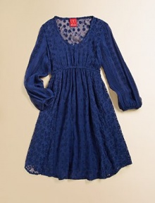 A romantically tailored dress finished with sheer chiffon with floral and eyelet details.V-neckLong peasant sleevesPull-on styleElasticized waistLining: 50% cotton/50% modalOverlay: polyester chiffonMachine washImported A romantically tailored dress finished with sheer chiffon with floral and eyelet details.V-neckLong peasant sleevesPull-on styleElasticized waistLining: 50% cotton/50% modalOverlay: polyester chiffonMachine washImported