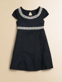 Dainty lace trim, cap sleeves and princess seaming make this woven frock a little girl's wardrobe must-have.ScoopneckCap sleevesBack keyhole button and zipperWaistband with lace trimPrincess seamsFlared skirtFully linedCottonMachine washImported Dainty lace trim, cap sleeves and princess seaming make this woven frock a little girl's wardrobe must-have.ScoopneckCap sleevesBack keyhole button and zipperWaistband with lace trimPrincess seamsFlared skirtFully linedCottonMachine washImported