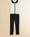 Ruffled details, gentle tiers and colorblock trim perfect this Peter Pan blouse.Decorative front buttonsPolyesterMachine washImported