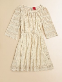A romantic nod to bygone eras in allover vintage-style lace with an exquisite scalloped hem.Jewel necklineThree-quarter sleevesBack keyhole with button closureGathered waistA-line skirtChemise underlay96% rayon/4% spandexMachine washImported A romantic nod to bygone eras in allover vintage-style lace with an exquisite scalloped hem.Jewel necklineThree-quarter sleevesBack keyhole with button closureGathered waistA-line skirtChemise underlay96% rayon/4% spandexMachine washImported