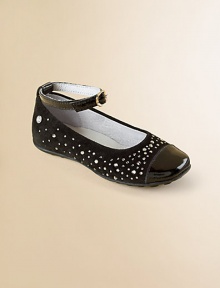Shimmering Swarovski crystals are sprinkled like tiny stars atop velvety suede flats so your young lady can pirouette as she pleases.Removable buckle ankle strapSuede upper with patent leather strap and toeRubber solePadded leather insoleLeather liningImported Shimmering Swarovski crystals are sprinkled like tiny stars atop velvety suede flats so your young lady can pirouette as she pleases.Removable buckle ankle strapSuede upper with patent leather strap and toeRubber solePadded leather insoleLeather liningImported