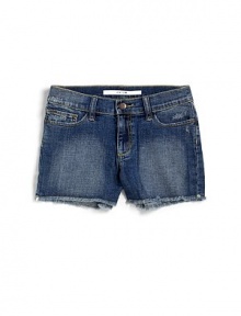 THE LOOKMedium wash faded denim with frayed hem and subtle abrasionsWaistband with belt loopsZip fly with button closureFive-pocket styleMetal logo detail at back pocketTHE MATERIAL98% cotton/2% spandexCARE & ORIGINMachine washImported