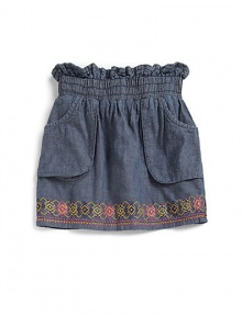 THE LOOKRuffled elastic waistFront pocketsEmbroidered hemA-line silhouetteTHE MATERIALCottonFully linedCARE & ORIGINMachine washImported THE LOOKRuffled elastic waistFront pocketsEmbroidered hemA-line silhouetteTHE MATERIALCottonFully linedCARE & ORIGINMachine washImported