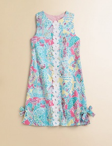 Classic cotton shift with colorful abstract florals, trimmed with lace and pretty bows. JewelneckSleevelessLace band down the center frontSide bows on the hemBack zipperCottonFully linedMachine washImported Classic cotton shift with colorful abstract florals, trimmed with lace and pretty bows. JewelneckSleevelessLace band down the center frontSide bows on the hemBack zipperCottonFully linedMachine washImported