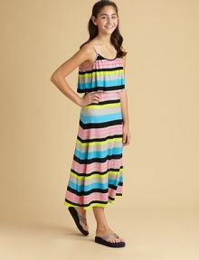 Vibrant allover stripes band this long, ultra-soft design.Jewel necklineSleevelessBlouson topPull-on styleRayonHand washImported Vibrant allover stripes band this long, ultra-soft design.Jewel necklineSleevelessBlouson topPull-on styleRayonHand washImported