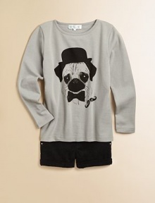 This precious pooch has a Charlie Chaplin attitude, with his sweet bowler hat, bow tie and wistful eyes.Extended round neckline with narrow banded trimLong hemmed sleevesPlain backCottonHand washImported This precious pooch has a Charlie Chaplin attitude, with his sweet bowler hat, bow tie and wistful eyes.Extended round neckline with narrow banded trimLong hemmed sleevesPlain backCottonHand washImported