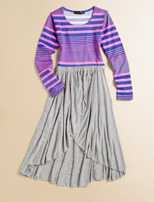 Vivid stripes meet a solid maxi on this airy, ultra-soft maxi with high-low hem.ScoopneckLong sleevesPullover styleElastic waistbandHigh-low hem85% rayon/15% spandexHand washImported Vivid stripes meet a solid maxi on this airy, ultra-soft maxi with high-low hem.ScoopneckLong sleevesPullover styleElastic waistbandHigh-low hem85% rayon/15% spandexHand washImported