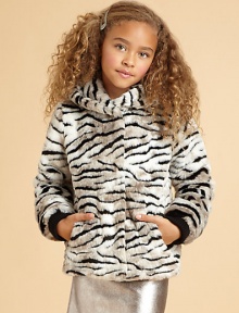Faux is fabulous in this fluffy, exotic tiger-striped design with a cozy hood to blast away those winter chills.Attached hoodHidden snap front closeAngled front pocketsLong sleeeves with ribbed knit cuffsFully linedAcrylic/polyester/modacrylicDry cleanImported Faux is fabulous in this fluffy, exotic tiger-striped design with a cozy hood to blast away those winter chills.Attached hoodHidden snap front closeAngled front pocketsLong sleeeves with ribbed knit cuffsFully linedAcrylic/polyester/modacrylicDry cleanImported