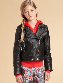 She'll look cooler than ever in this leather motorcycle jacket with decorative stitching and an asymmetrical zip front.Notched lapelAsymmetrical zip front closure with bottom snapsLong sleevesSlash side pocketsFully linedLeatherDry clean with professionalImported She'll look cooler than ever in this leather motorcycle jacket with decorative stitching and an asymmetrical zip front.Notched lapelAsymmetrical zip front closure with bottom snapsLong sleevesSlash side pocketsFully linedLeatherDry clean with professionalImported