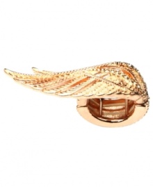 Just wing it. Slip on RACHEL Rachel Roy's fab wing ring before you slip out the door. Crafted in rose gold-plated mixed metal with topaz-hued glass accents, this ring screams effortless style. Stretches to fit finger.