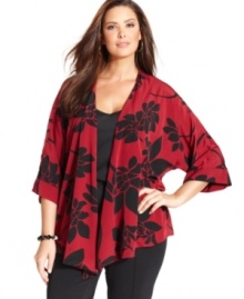 Layer your sleeveless styles with Aflani's floral-print plus size jacket, featuring a draped open front.