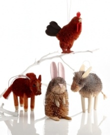 Farm it out. Barnyard animals crafted of natural buri ornament your tree with country charm. Featuring a rooster, bunny, horse and donkey, all by Martha Stewart Collection.