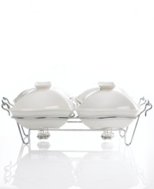 Serve your warm delicacies with grand style in this porcelain double warmer with chrome serving rack. Set includes serving rack and two 1 quart covered bakers. Serve your warm delicacies with grand style in this porcelain double warmer with chrome serving rack. Set includes serving rack and two 1 quart covered bakers.