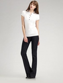 A gathered check collar softens this sporty style. Metal button closure Slightly puff sleeves About 25 from shoulder to hem Cotton; machine wash Imported A gathered check collar softens this sporty style. Metal button closure Slightly puff sleeves About 25 from shoulder to hem Cotton; machine wash Imported