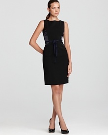 Two satin panels punctuate the sleek silhouette of this T Tahari dress for a thoroughly modern approach to the LBD.