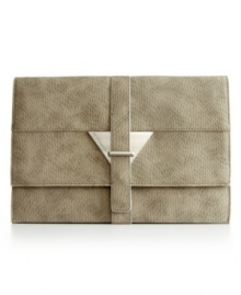 Elegant yet edgy. Instantly pull your look together with this eye-catching clutch from BCBGeneration featuring polished silvertone accents. Elegant yet edgy. Instantly pull your look together with this eye-catching clutch from BCBGeneration featuring polished silvertone accents.
