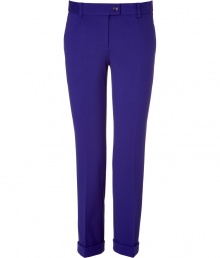 Elegant pants in fine, violet rayon and nylon blend - Modern cut is fitted and ultra-flattering - On-trend, cropped style with cuffed ankle - Tab waist with button closure and belt loops - Side and single back pockets - Crease detail creates a longer and leaner silhouette - A truly versatile pant that is both sexy and sophisticated - Great for the office, parties and leisure - Style with a sequined top and blazer for a night out, or pair with a button down, cardigan and ballet flats for a more casual look Elegant pants in fine, violet rayon and nylon blend - Modern cut is fitted and ultra-flattering - On-trend, cropped style with cuffed ankle - Tab waist with button closure and belt loops - Side and single back pockets - Crease detail creates a longer and leaner silhouette - A truly versatile pant that is both sexy and sophisticated - Great for the office, parties and leisure - Style with a sequined top and blazer for a night out, or pair with a button down, cardigan and ballet flats for a more casual look